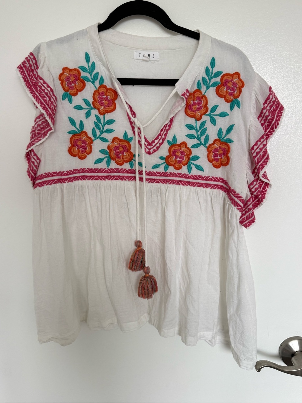 THML White Peasant Top with Pink and Orange Floral Embroidery